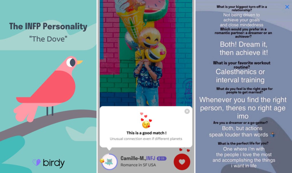 screenshots from the new Birdy dating app