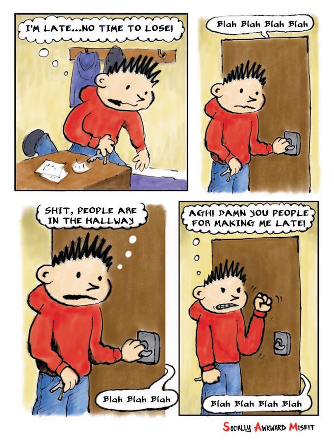 a comic about an introvert hiding from people in the hallway