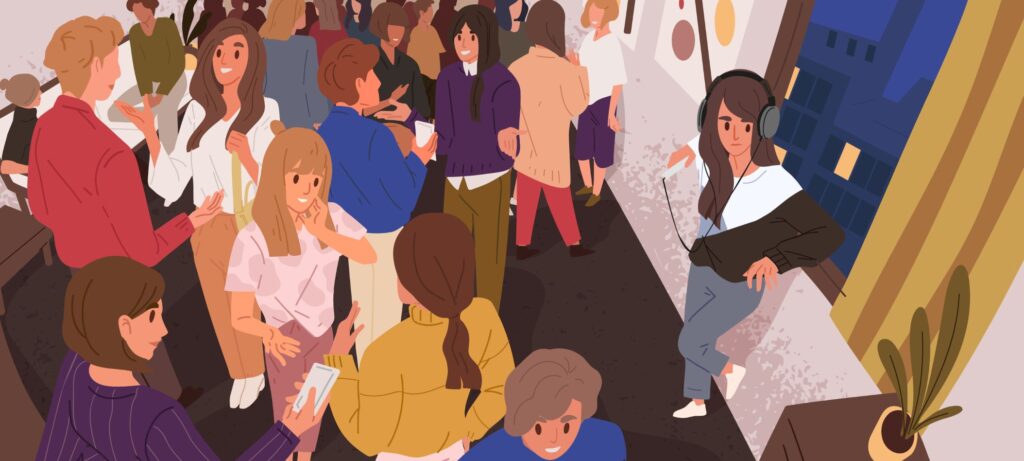 Drawing of people at a party with a girl standing by herself with headphones on wondering where she fits in.
